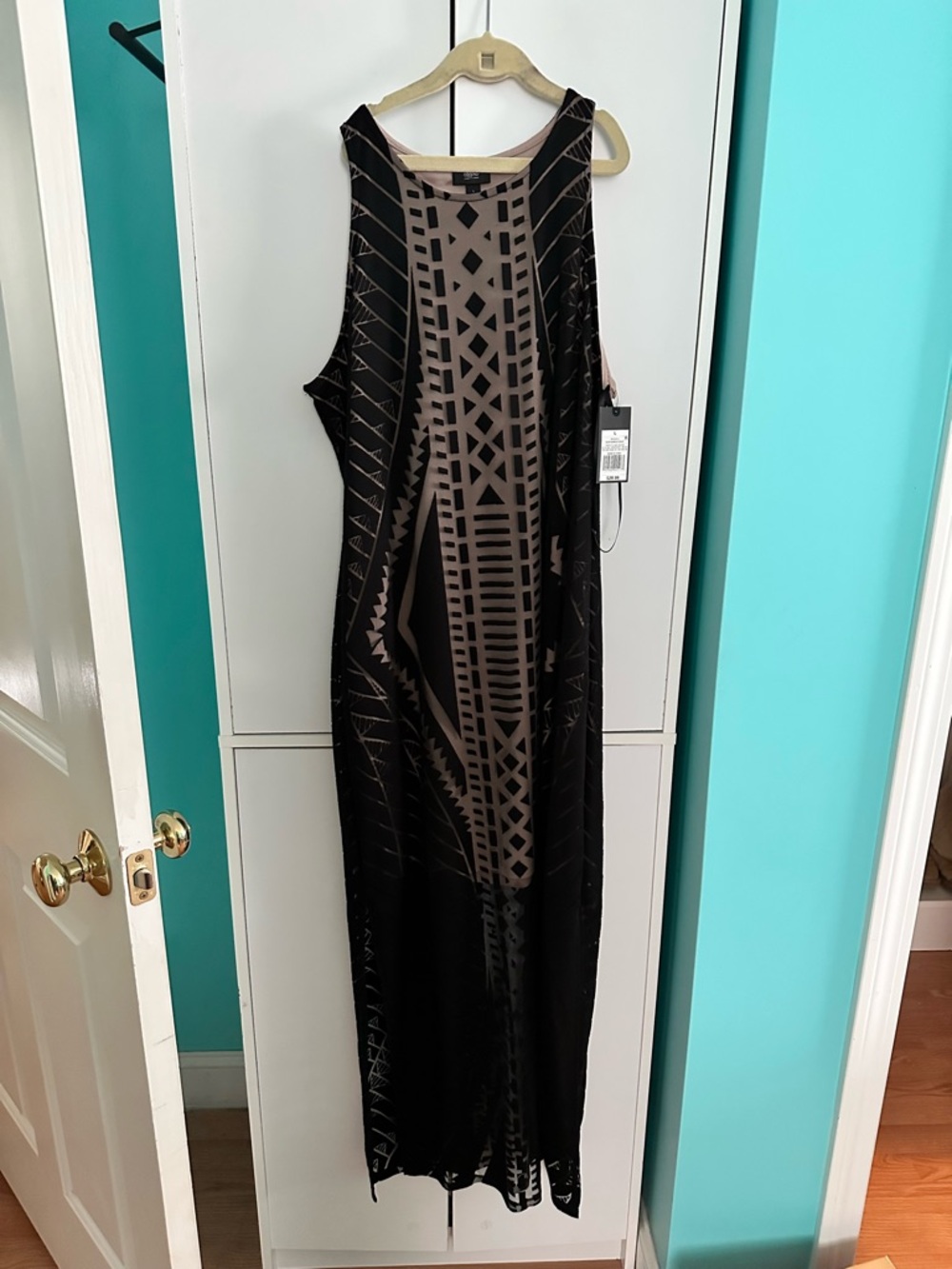 Sleeveless Black & Taupe Geometric Maxi Dress with Transparent bottom